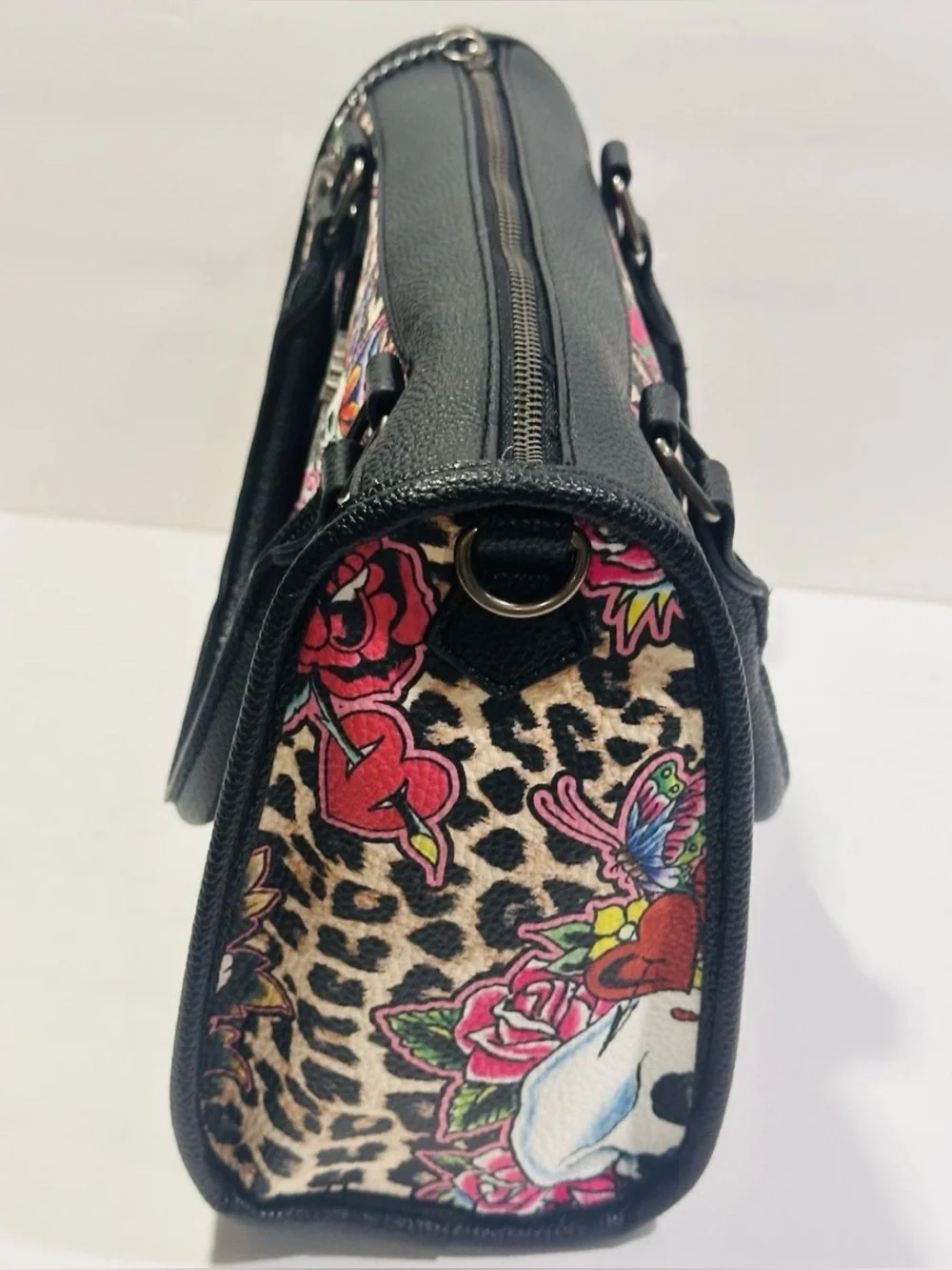 Ed Hardy Floral Skull Leopard Print Satchel - Handbag
